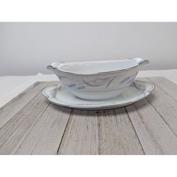 Vintage Valmont Royal Wheat Platinum Trim Gravy Boat Bowl Attached Underplate - Picture 1 of 7